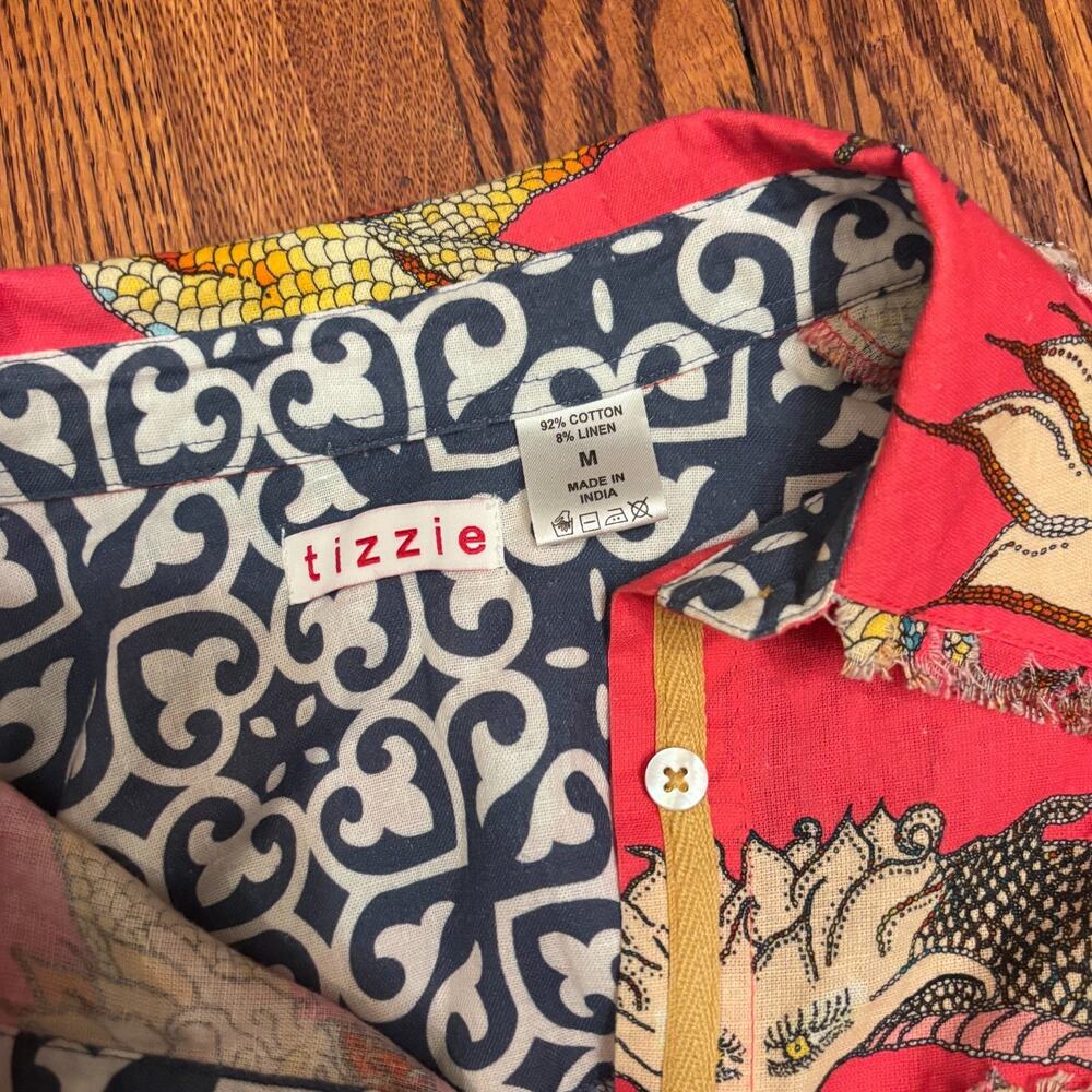 Dizzy Lizzie Tizzie Dragon Button Up Shirt Pink Raw Hem Size Medium Cotton Linen - Picture 2 of 6